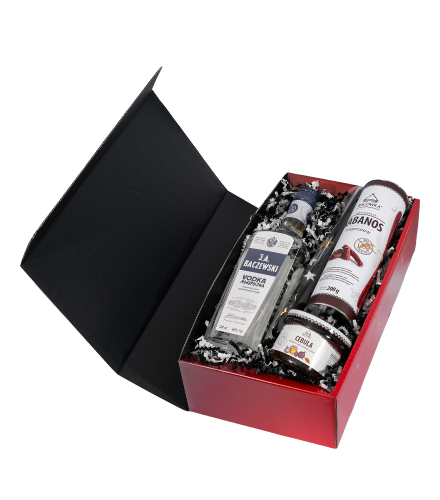 Zestaw Upominkowy – Czerwone Pudełko Świąteczne z Wódką Baczewski