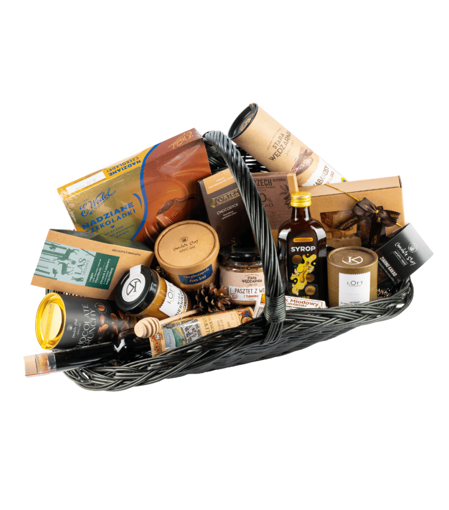 Elegancki kosz prezentowy z wikliny – Bombonierka Wedel