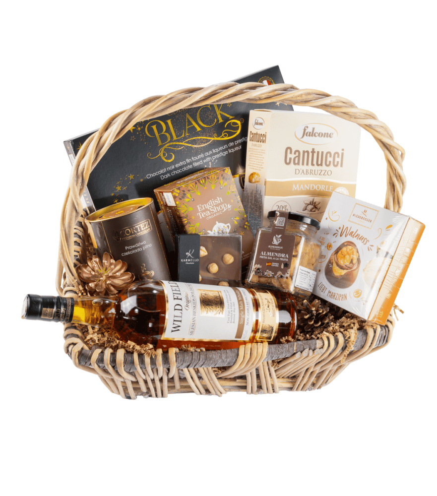 Kosz wiklinowy prezentowy – Whisky Single Malt Wild Fields 0,7l